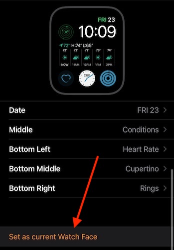 Selecting Set As Current Watch Face in the Apple Watch app on iPhone