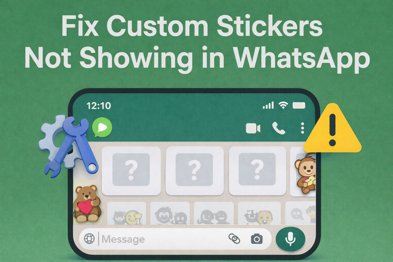 2D illustration showing a WhatsApp chat screen with empty sticker placeholders marked by question icons, a wrench and gear indicating troubleshooting, and a warning symbol, with the title “Fix Custom Stickers Not Showing in WhatsApp” displayed at the top.