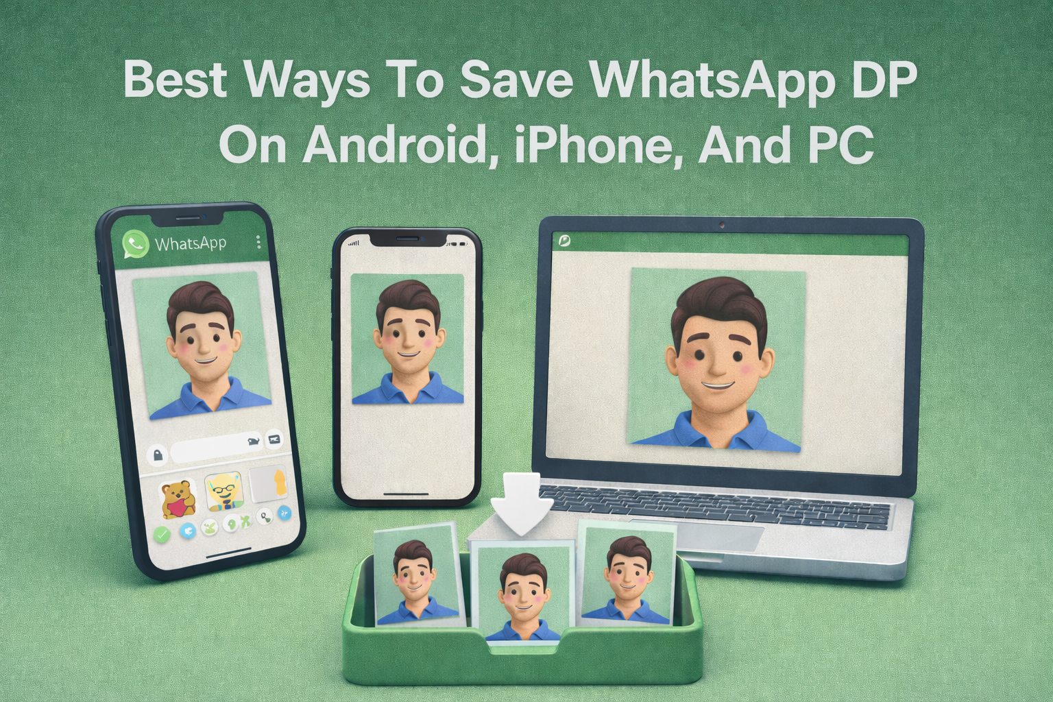 A 3D illustration of an Android phone, an iPhone, and a laptop showing the same WhatsApp profile picture, with the headline “Best Ways To Save WhatsApp DP On Android, iPhone, And PC” at the top.