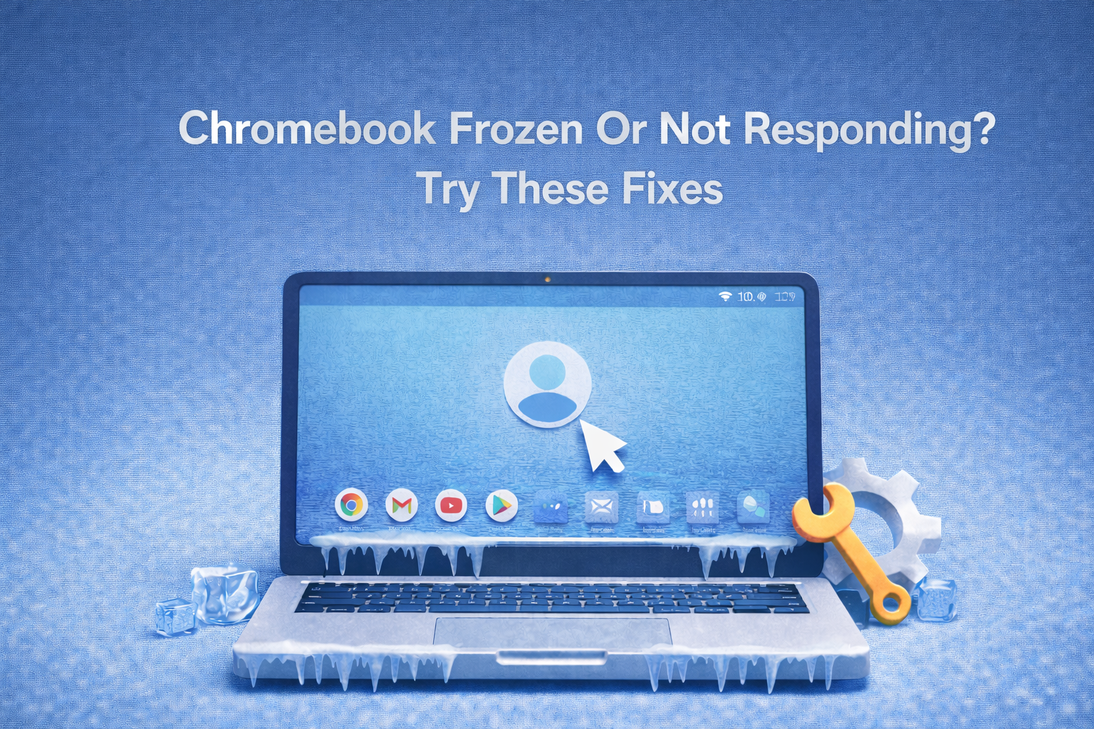 3D illustration of a Chromebook covered in ice with a frozen screen, repair tools nearby, and centered title text reading “Chromebook Frozen Or Not Responding Try These Fixes.”