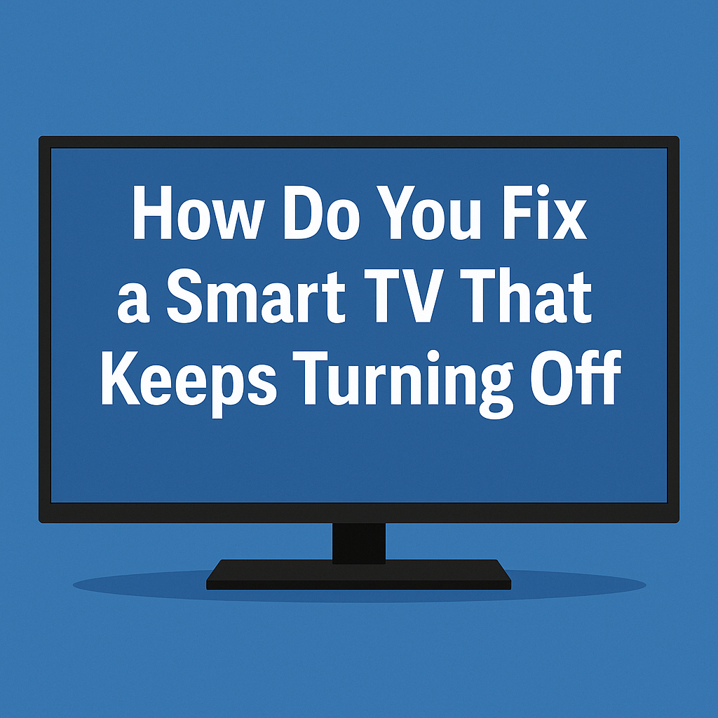A flat 2D illustration of a smart TV on a blue background with the title “How Do You Fix a Smart TV That Keeps Turning Off” displayed at the top of the screen.