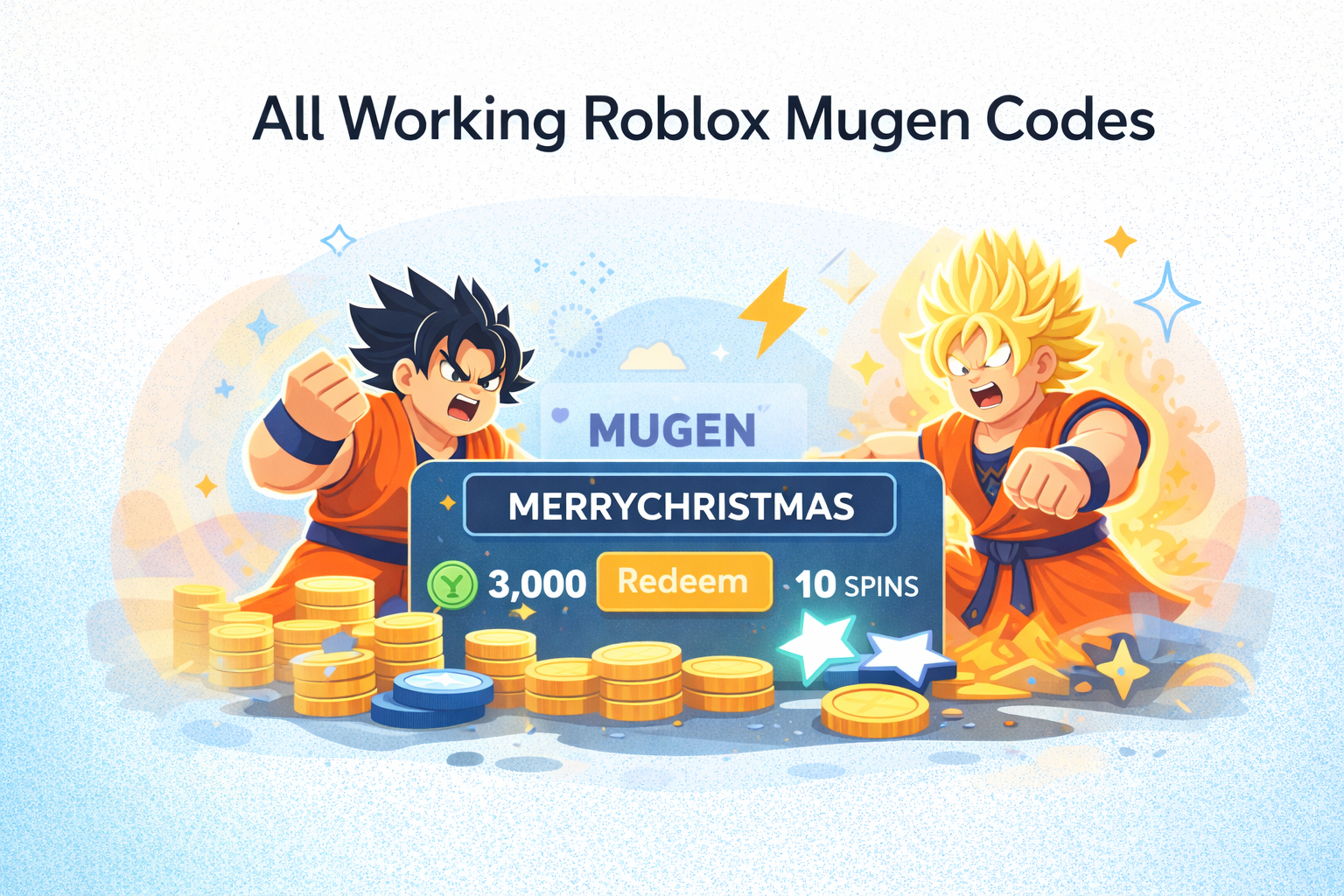 Flat 2D illustration showing two anime-style Roblox Mugen characters facing each other, with a central code redemption panel displaying a Mugen code, coins, and spins on a clean light background.