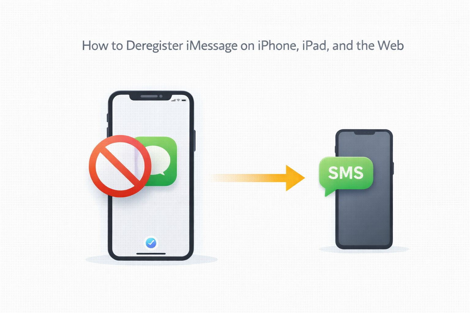 Minimal illustration showing an iPhone with the iMessage icon crossed out, an arrow pointing to another phone displaying an SMS bubble, indicating switching from iMessage to SMS.