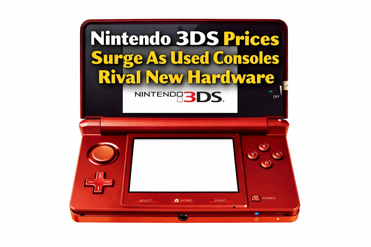 Red Nintendo 3DS handheld console open on a white background, with bold headline text on the top screen reading ‘Nintendo 3DS Prices Surge As Used Consoles Rival New Hardware.’
