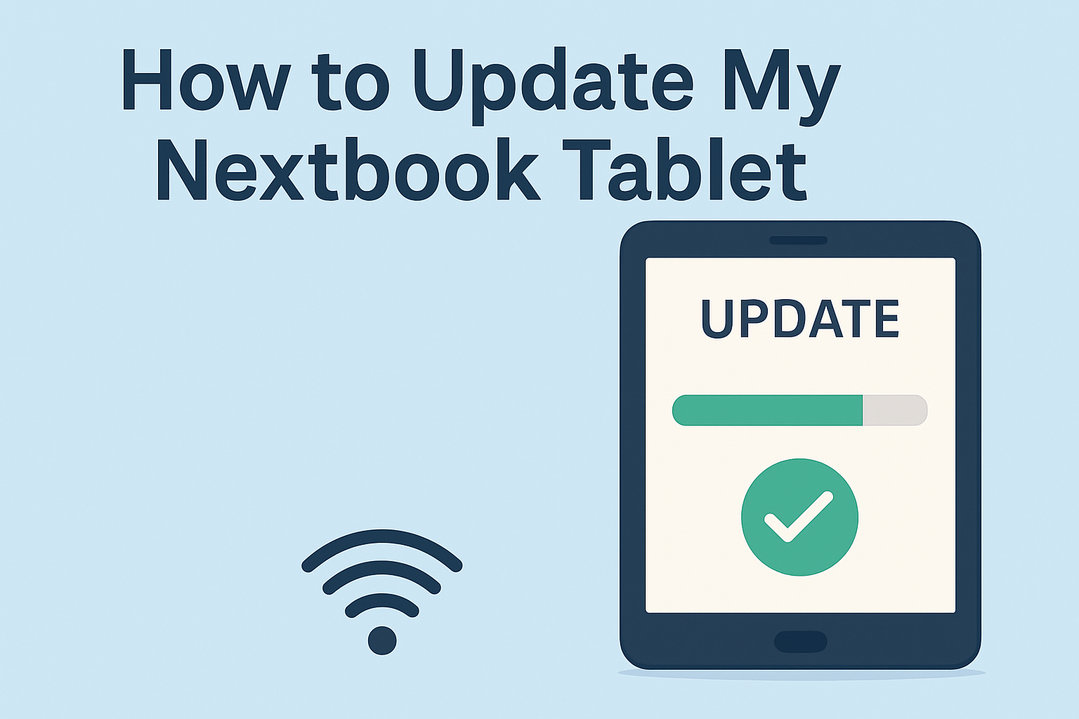 A flat 2D illustration with the title “How to Update My Nextbook Tablet” at the top, showing a simple blue background, a tablet icon with an update progress bar, and a Wi-Fi symbol.