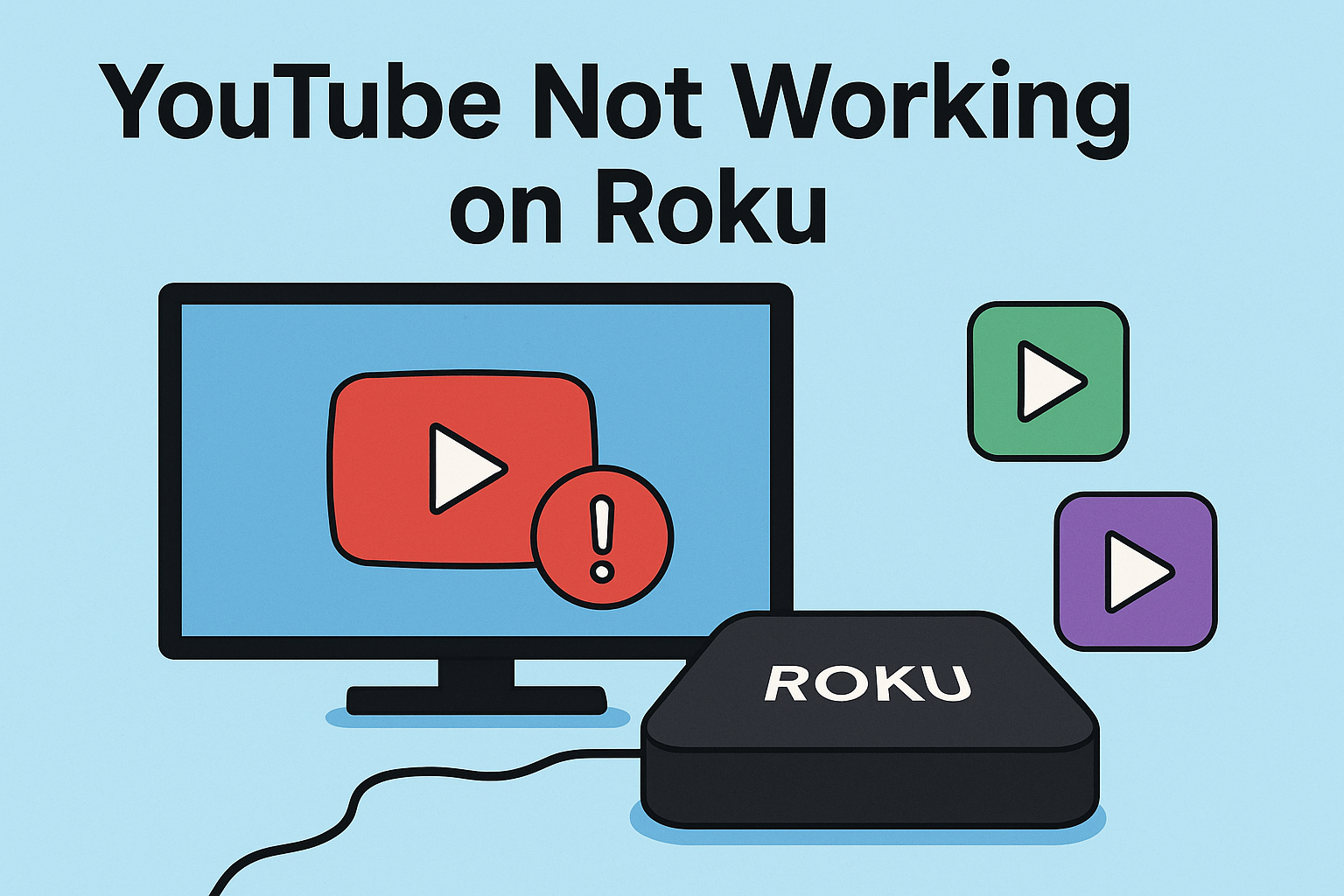A flat 2D illustration showing a Roku streaming box connected to a TV displaying a red play icon with an error symbol, with the title “YouTube Not Working on Roku” at the top and generic app icons floating on the side.