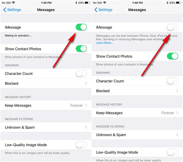 Turning off iMessage in the Messages settings on iPhone