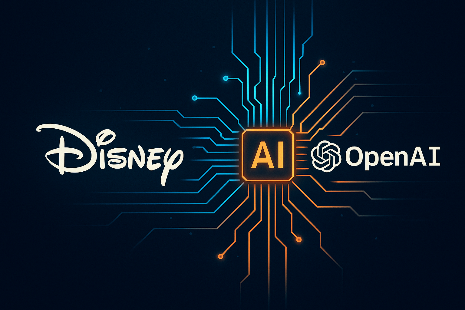 Stylized illustration showing Disney and OpenAI logos connected by glowing AI circuitry, representing Disney’s $1 billion investment in OpenAI.