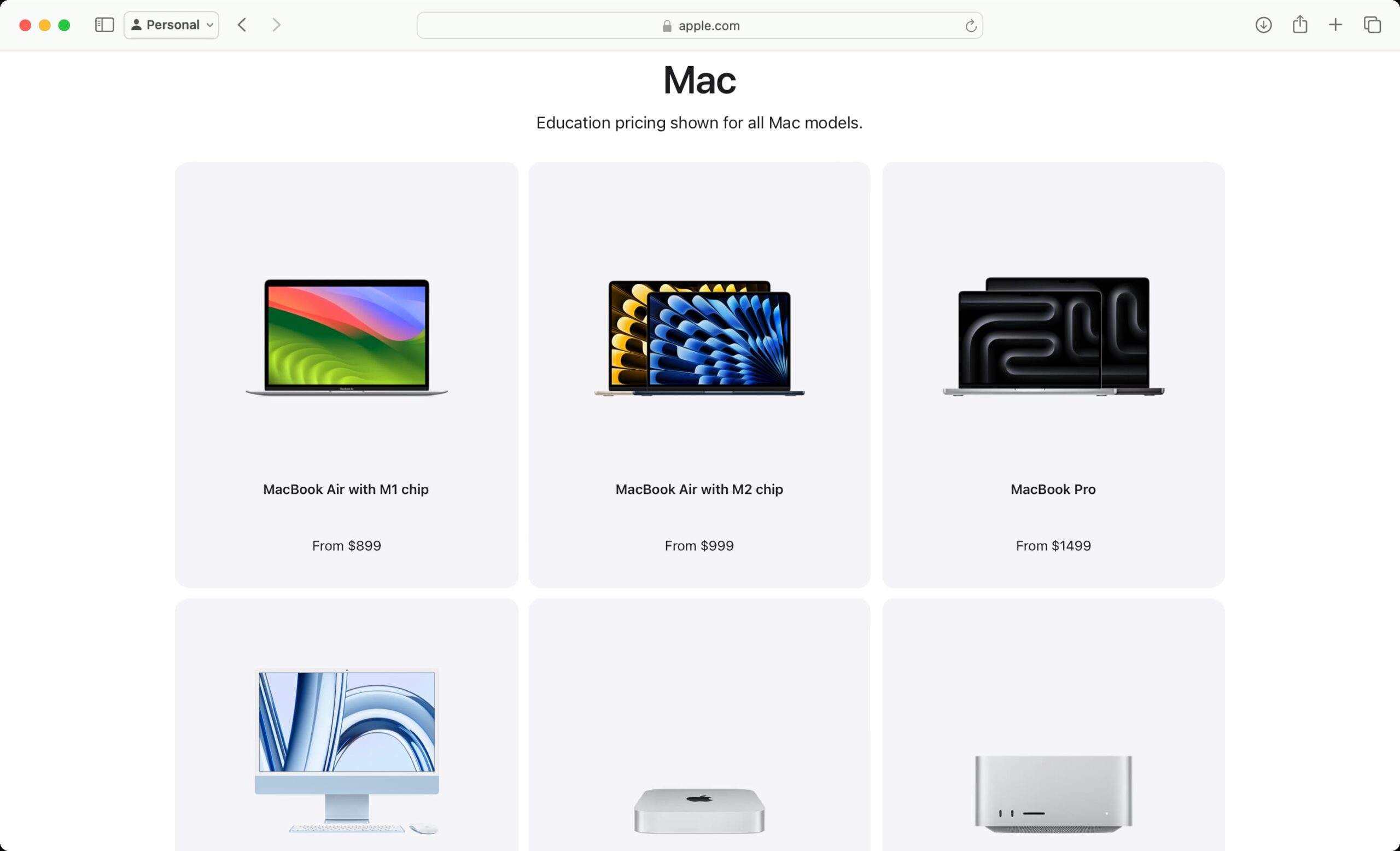 Apple student discount page showing reduced MacBook pricing