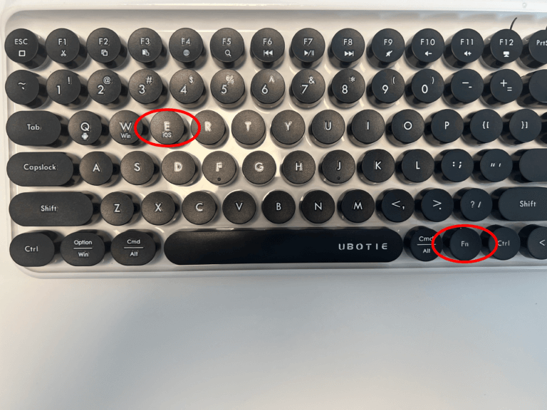 UBOTIE wireless keyboard keys being highlighted in red circles.