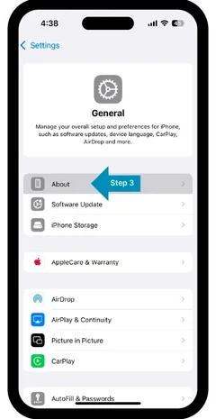 iPhone Settings app showing the About screen.