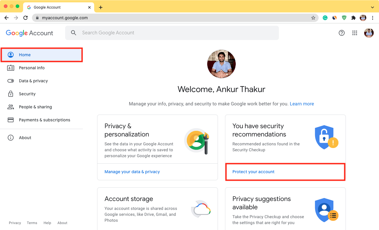 Gmail settings page displaying the protect your account option