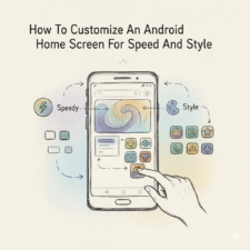 Hand-drawn illustration showing an Android phone with a customized home screen, surrounded by sketch-style icons, widgets, and layout elements emphasizing speed and visual simplicity.