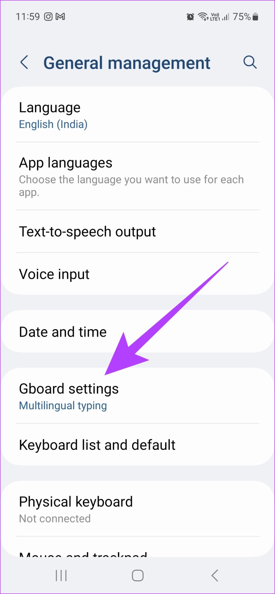 Android Settings showing GBoard settings and options