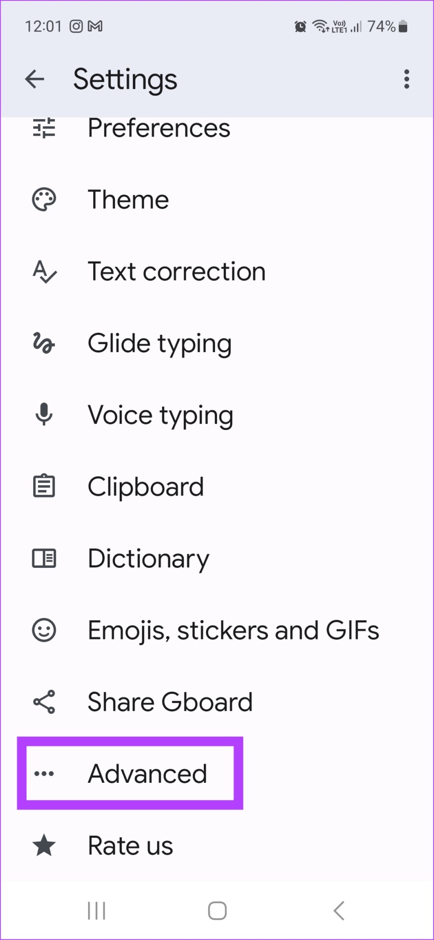 Android Settings showing Advanced options