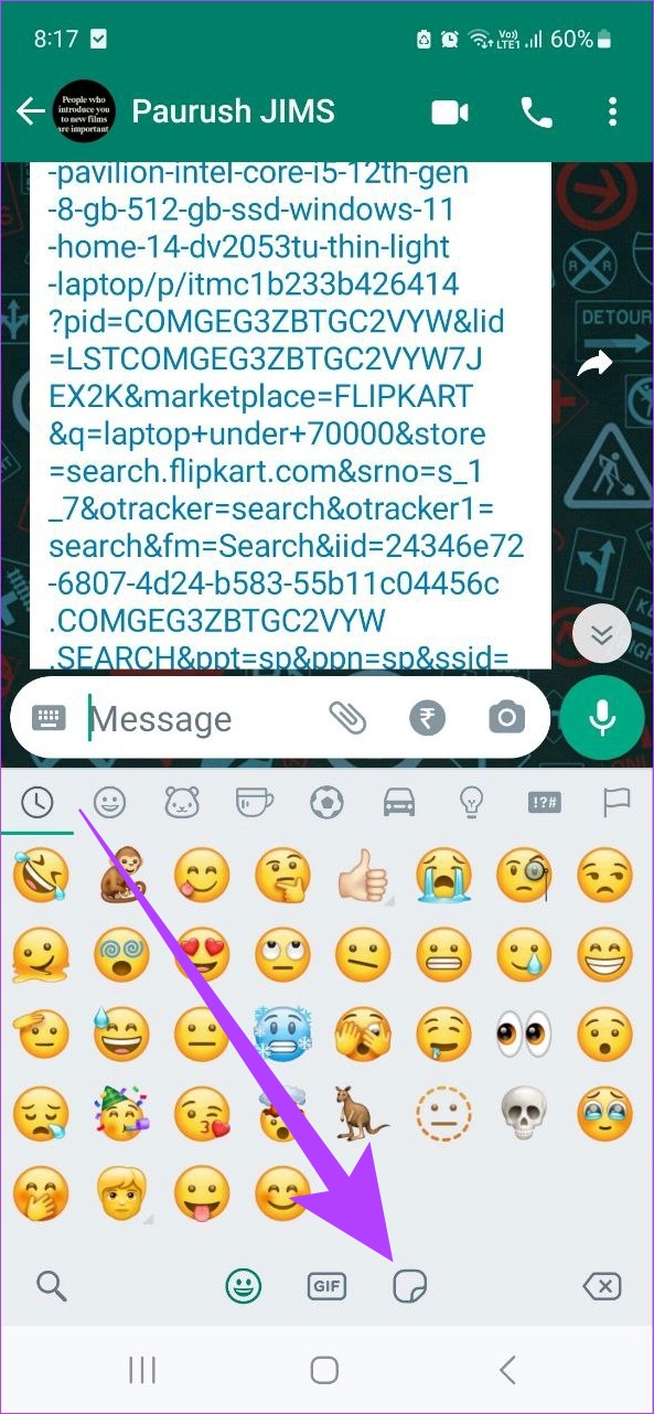WhatsApp chat screen with the emoji and sticker icons visible above the keyboard