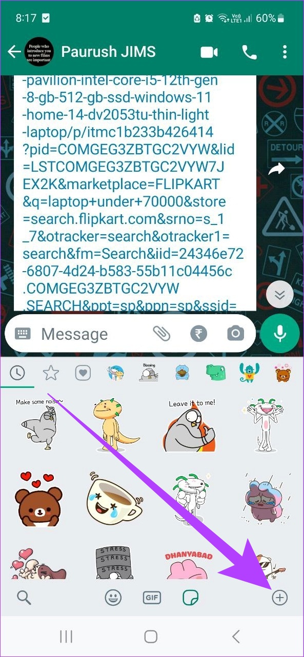 Sticker tray open in WhatsApp with the plus button highlighted