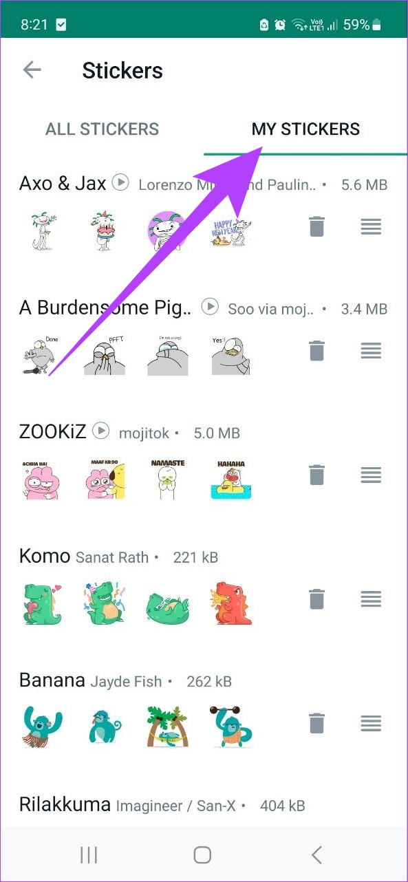 My Stickersâ screen showing installed sticker packs