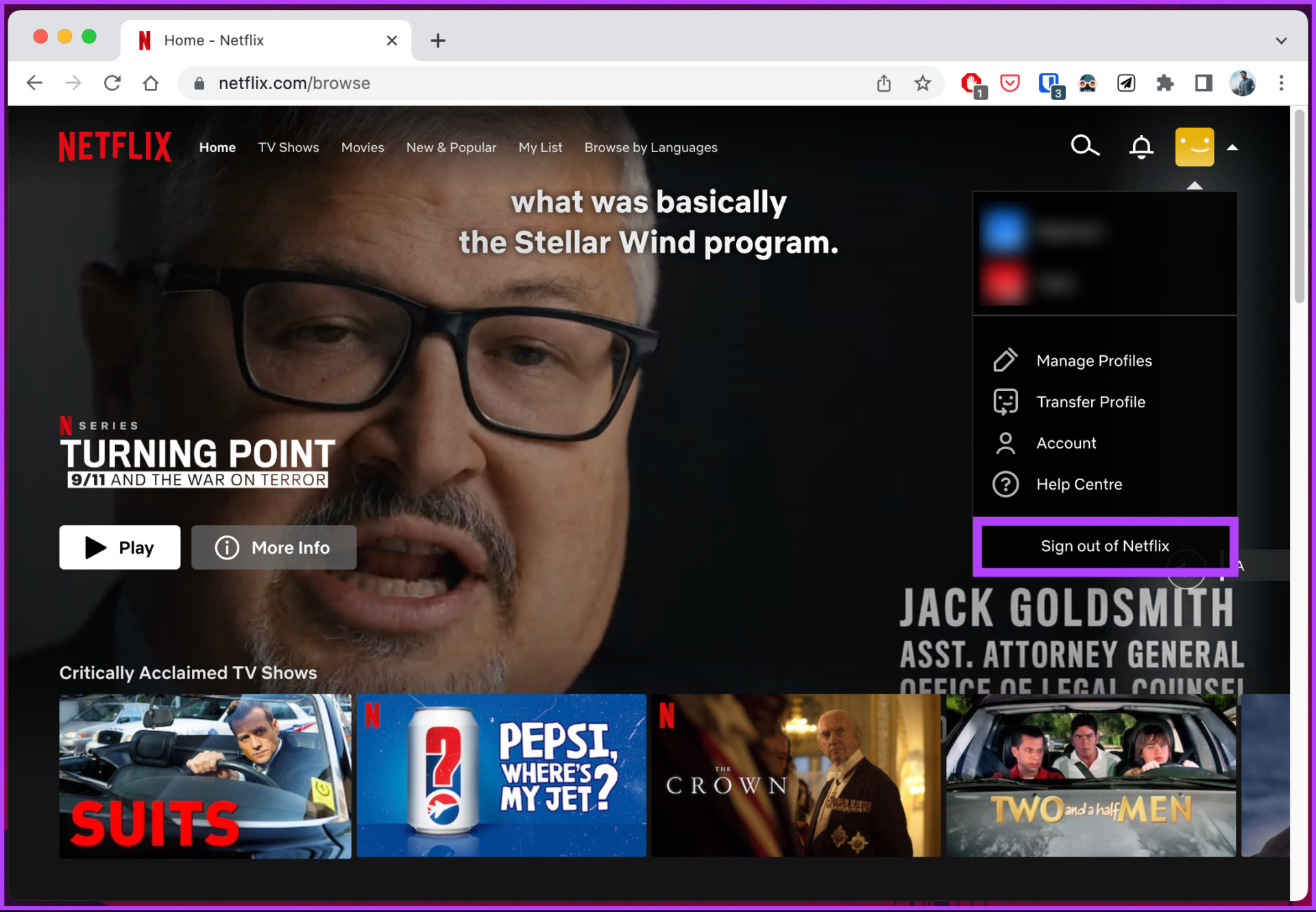 Netflix account menu showing the Sign Out option on a desktop browser