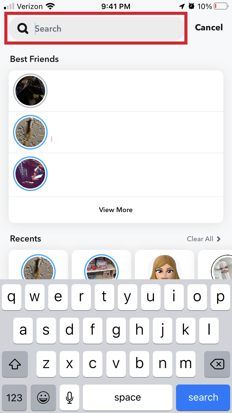 Snapchat search screen showing no results for a username