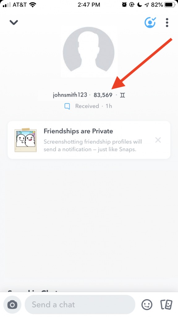 Snapchat profile screen with Snapscore visible