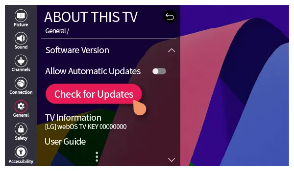 LG Smart TV screen displaying the Settings menu while checking for updates.