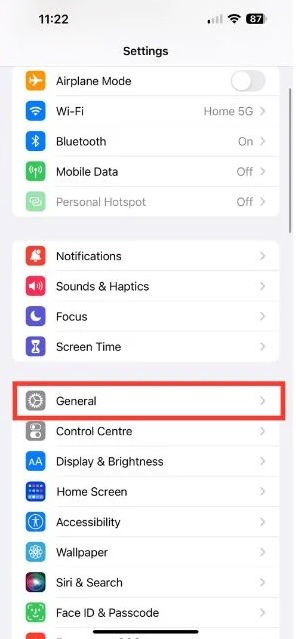 settings option in iphone