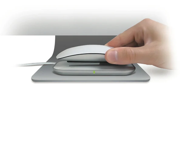 Mobee Magic Charger wireless pad with Apple Magic Mouse placed on top