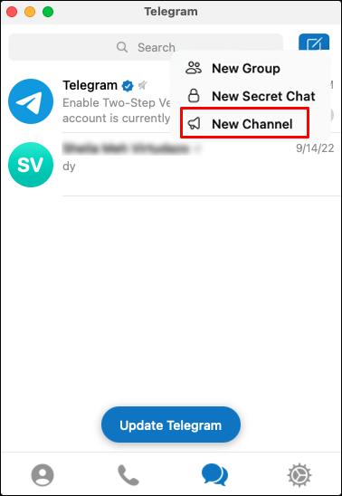 Telegram Desktop interface with New Channel option