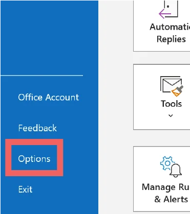 Outlook 365 options menu