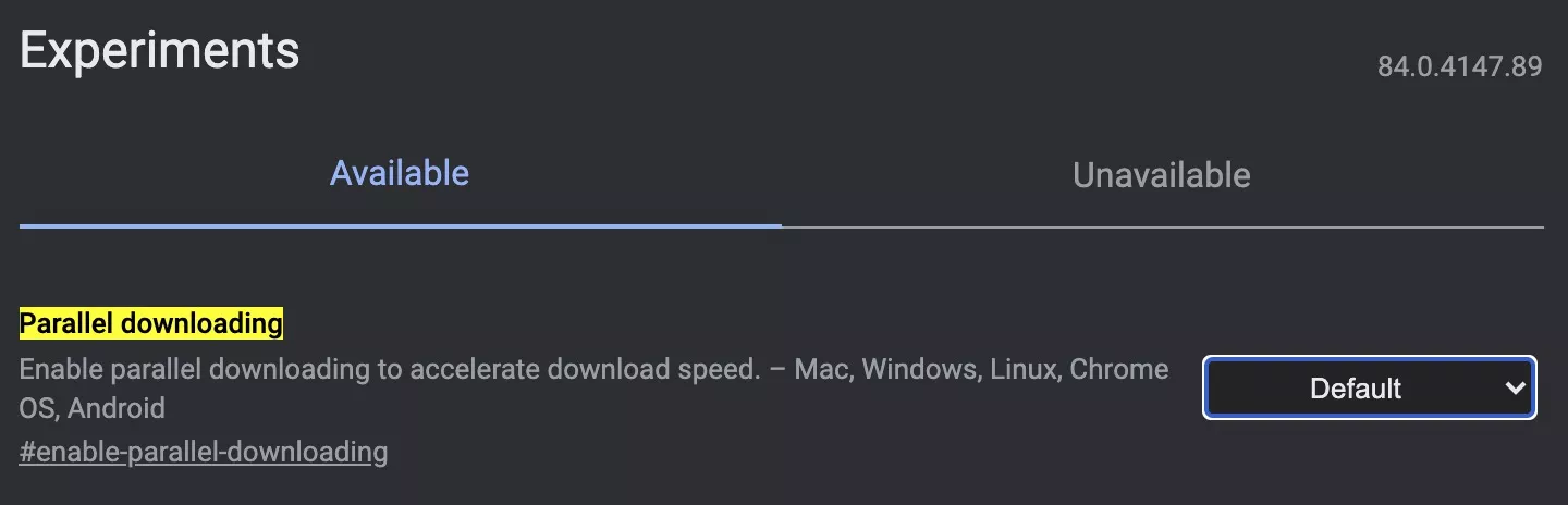 Chrome flags page with the search box highlighting a query for <strong>parallel downloading</strong>