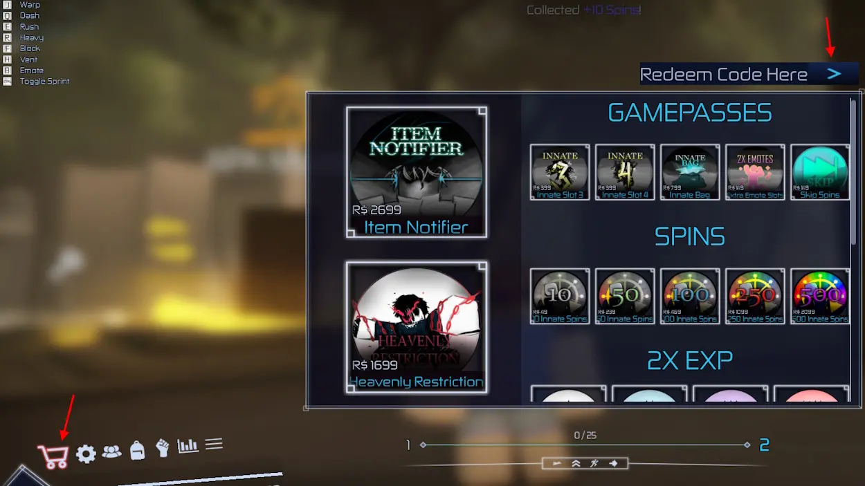 Code redemption field shown inside the Jujutsu Infinite shop interface