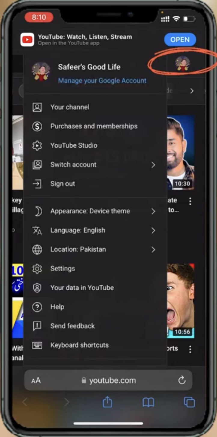 red circle around youtube profile