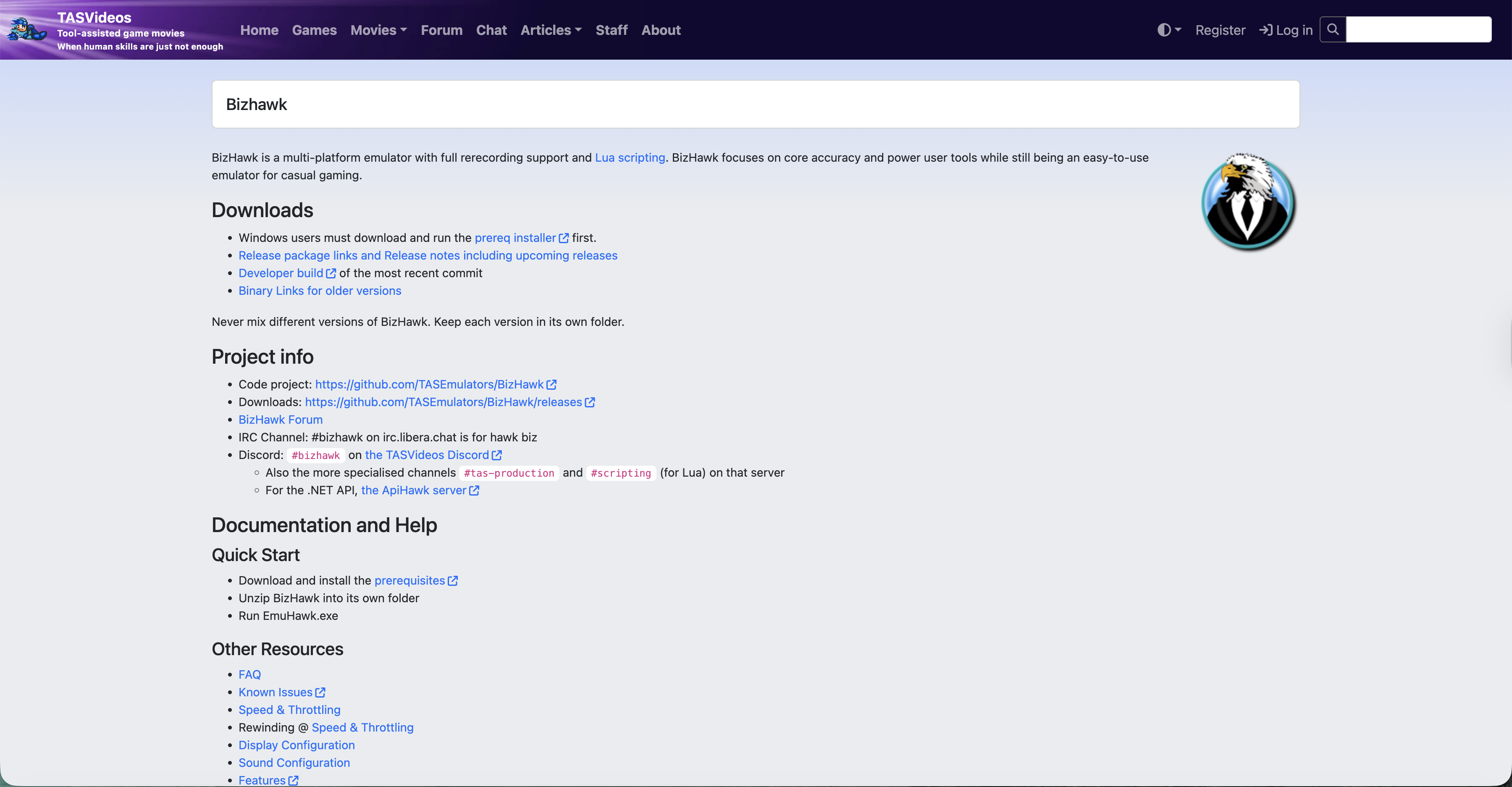 BizHawk website interface