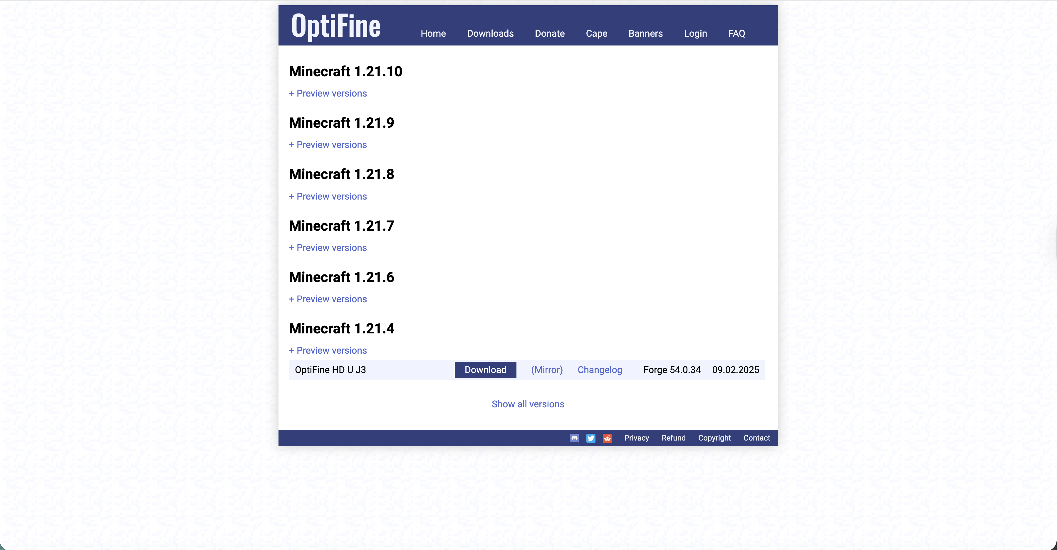 Browser window showing the OptiFine download page.