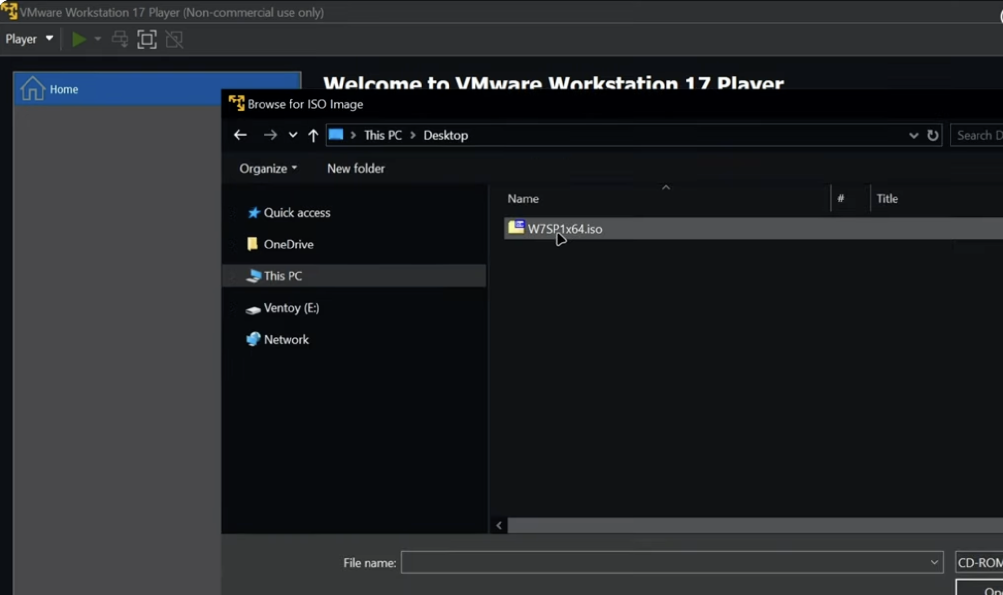 Folder view showing a Windows 7 ISO file selected for use in VMware Workstation
