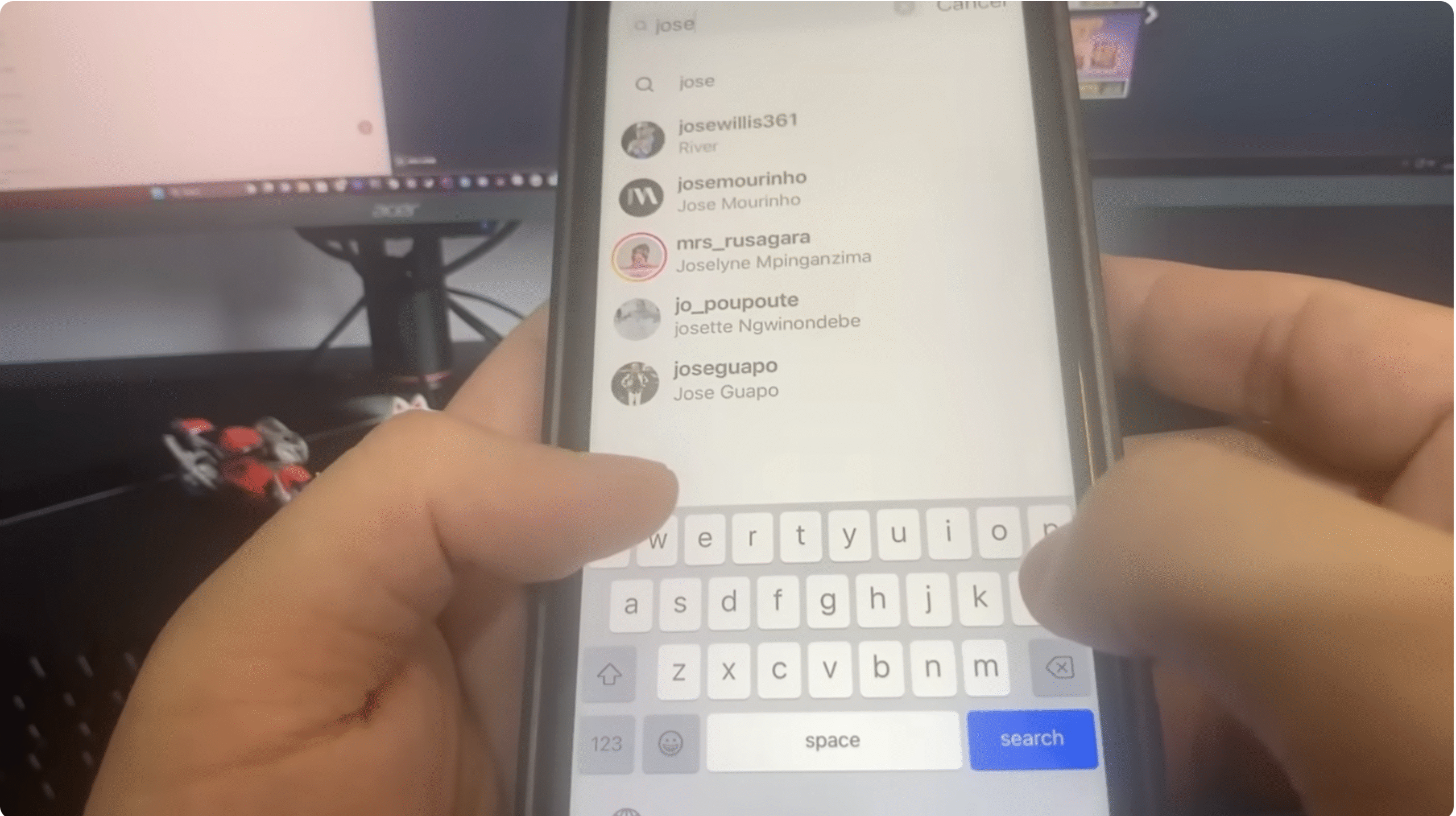 Instagram user opening the search tab to look up a private account username on a phone screen
