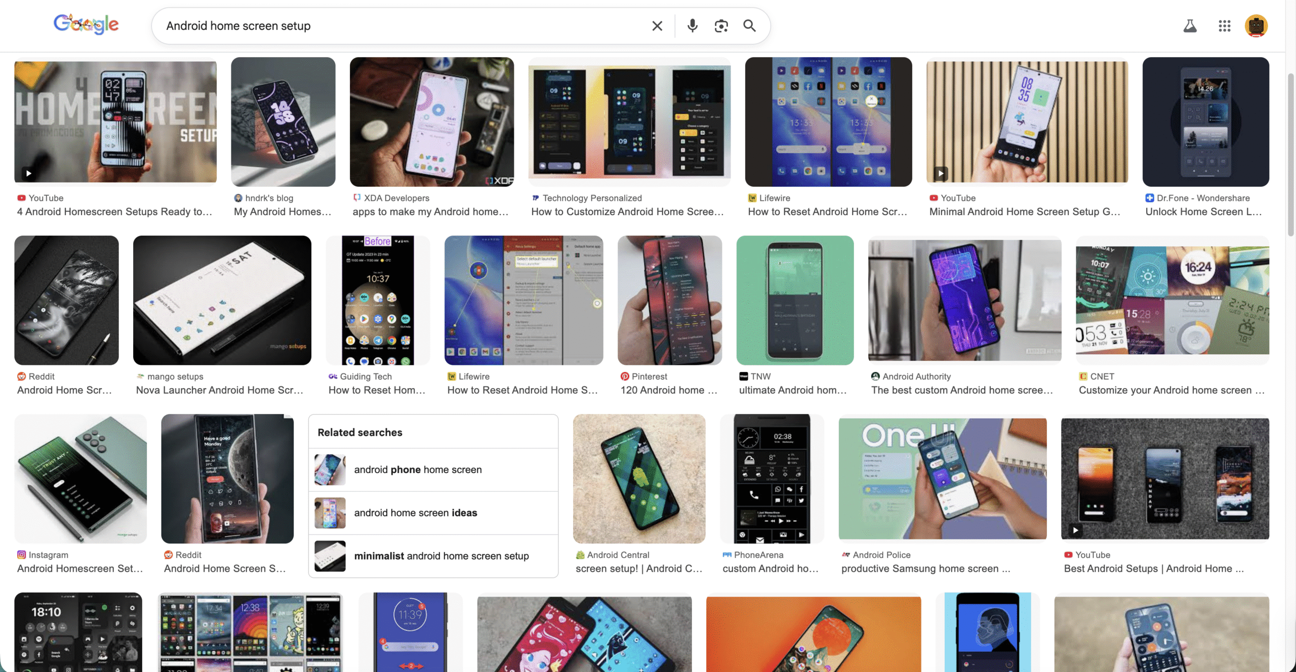 Google search results for android screen