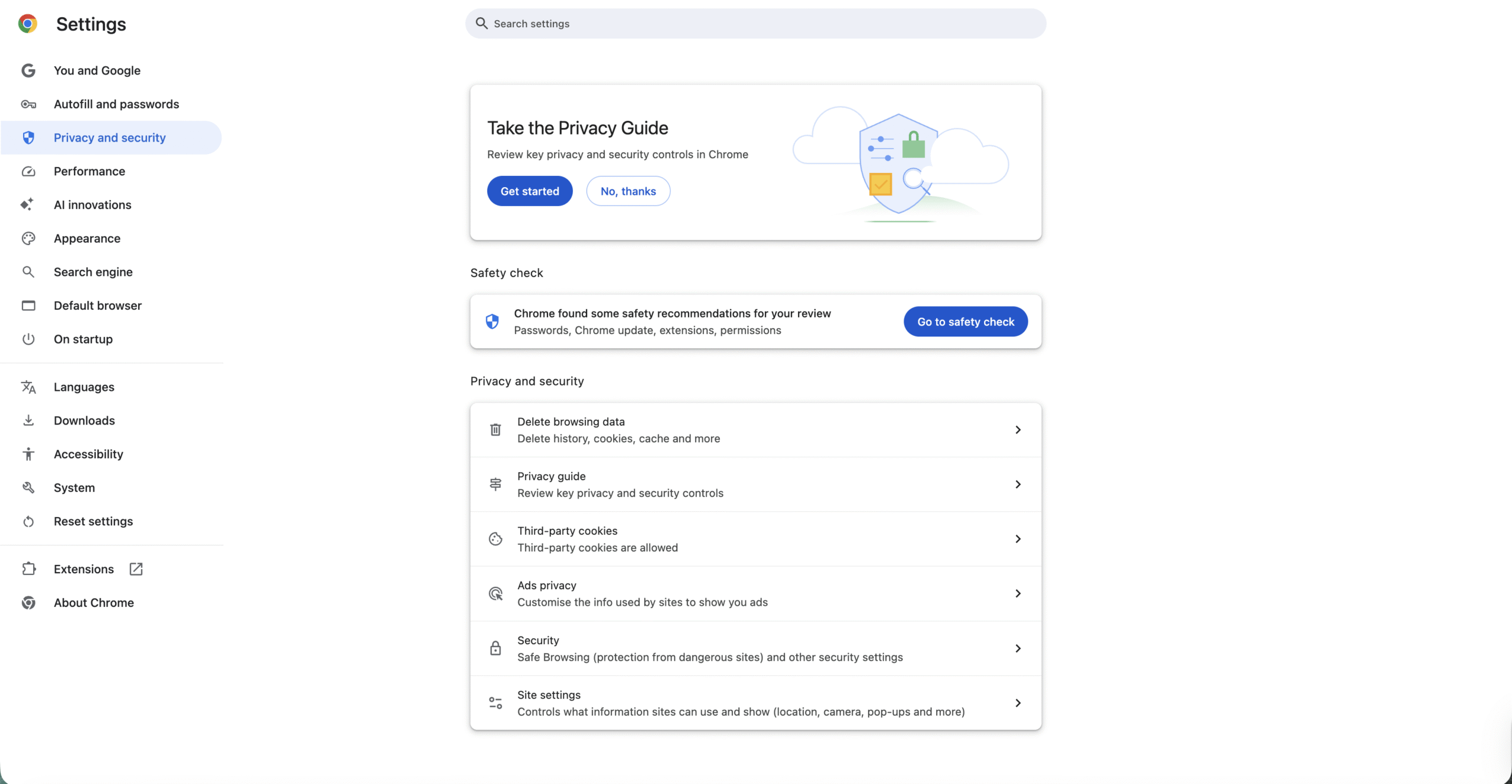Chrome Privacy and Security settings