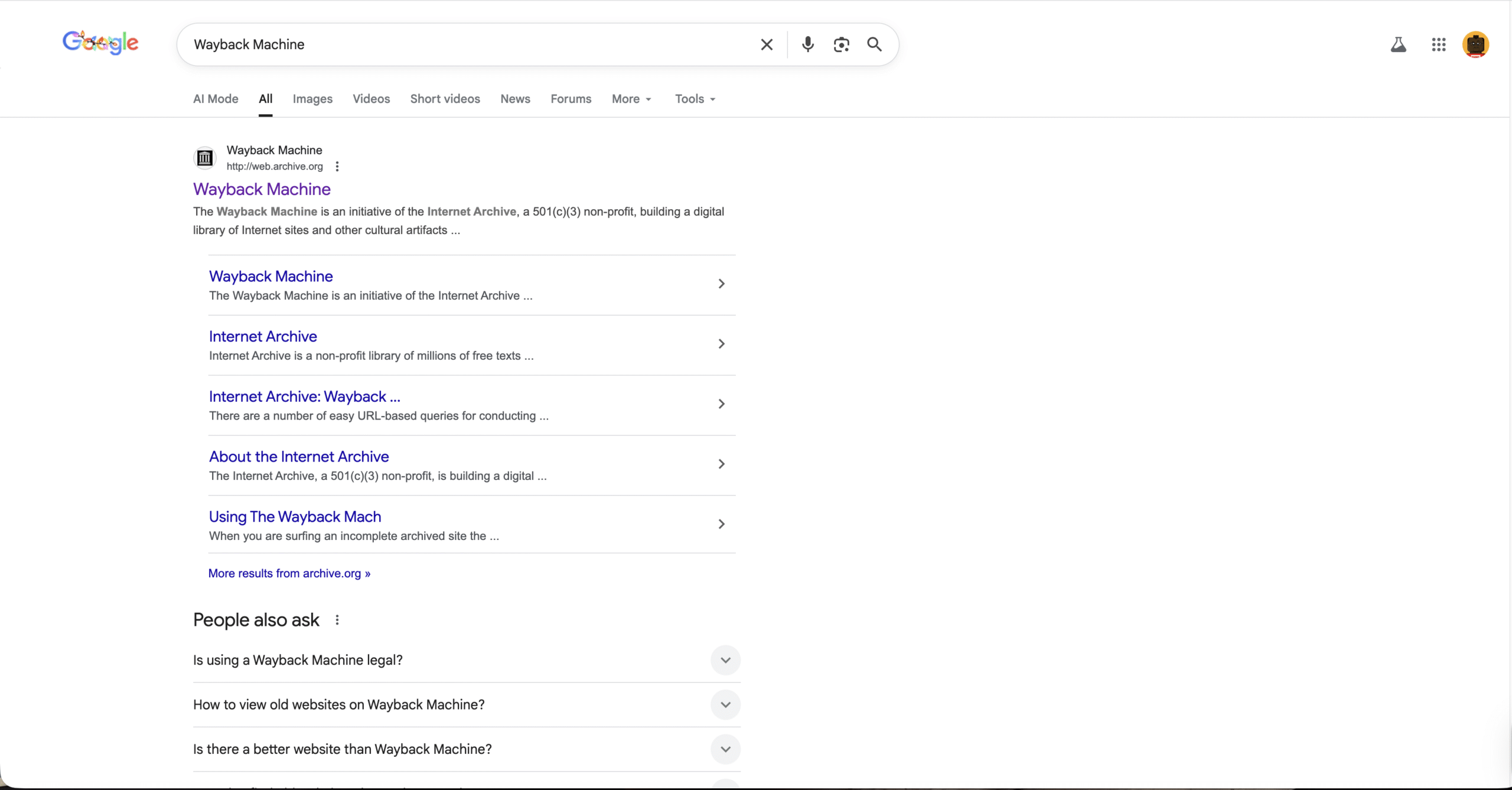 Chrome showing the wayback machine
