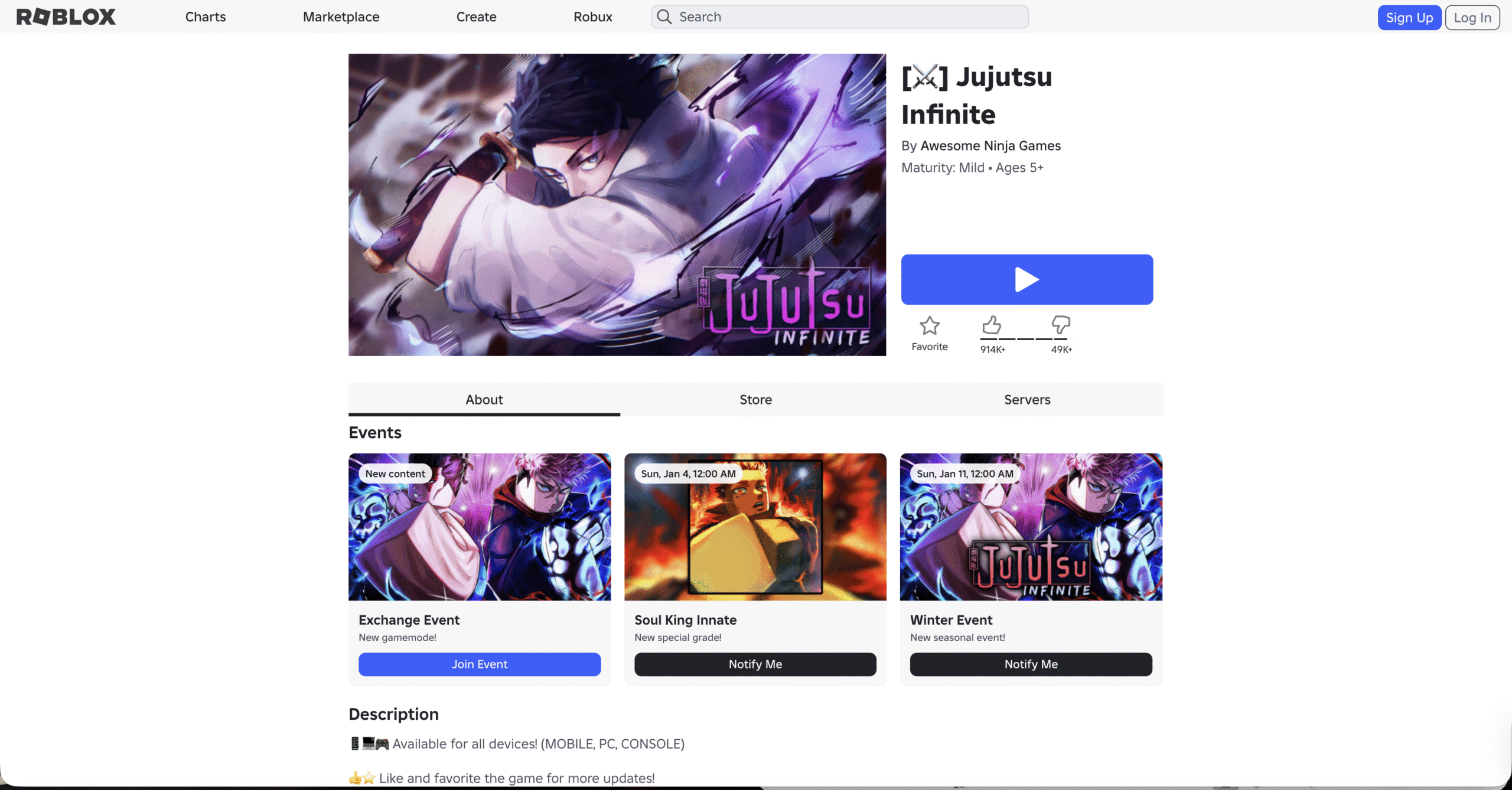 The Jujutsu Infinite Roblox page