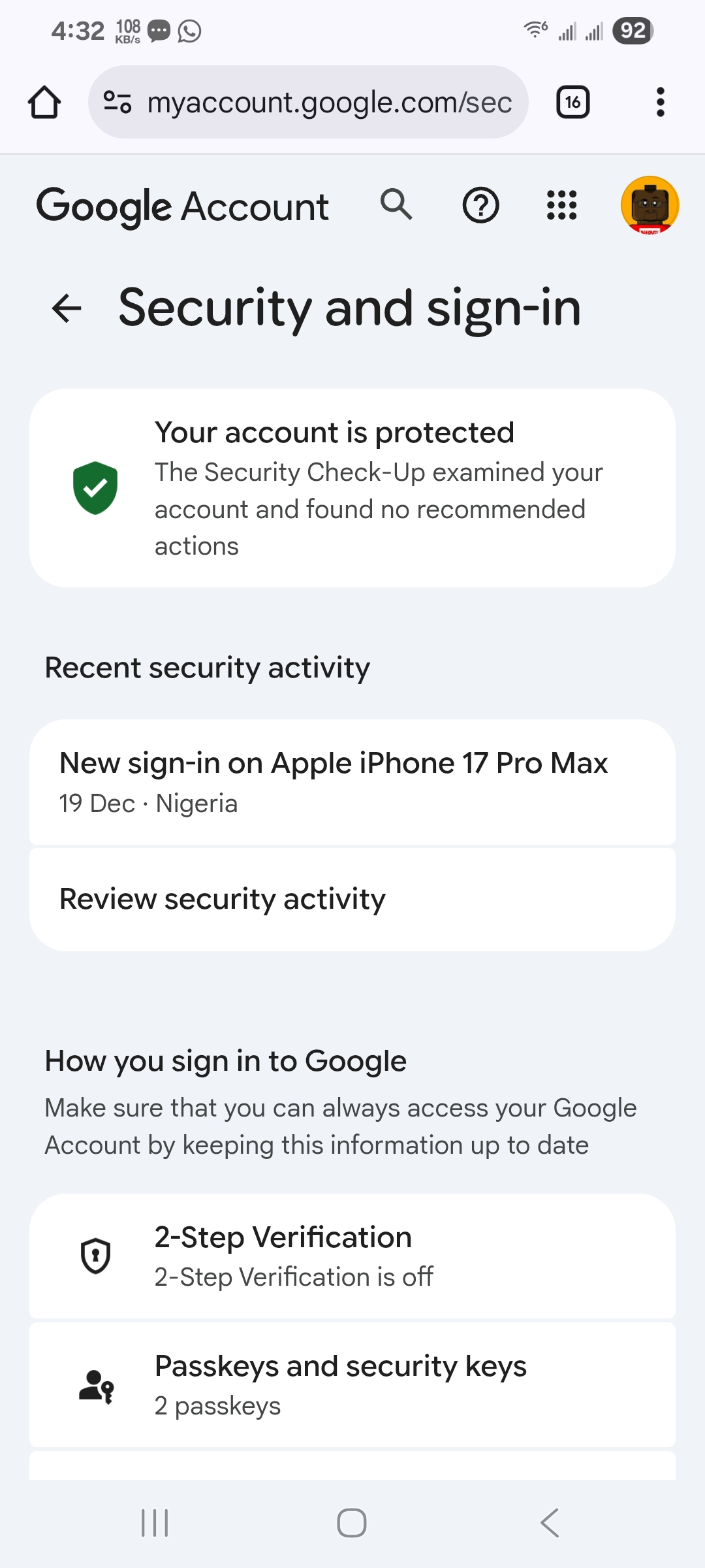 Gmail inbox security screen