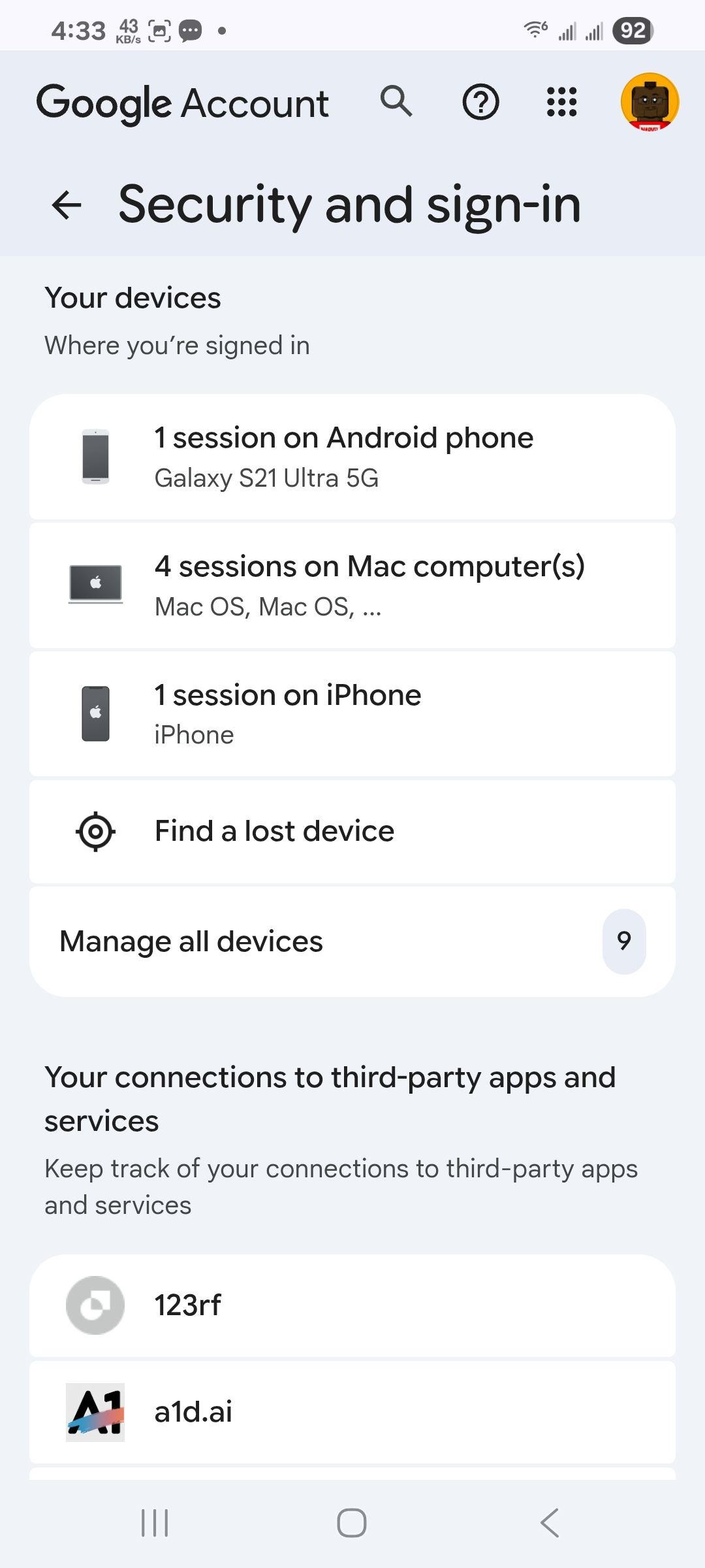 Google Account security page displaying signed-in devices