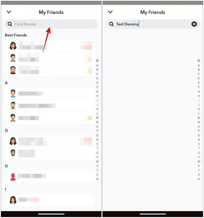 Snapchat friends list search showing no results for a removed user