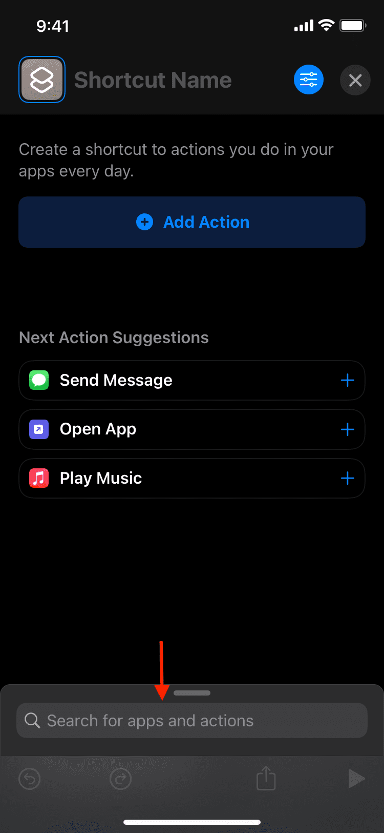 tapping the blue add action feature