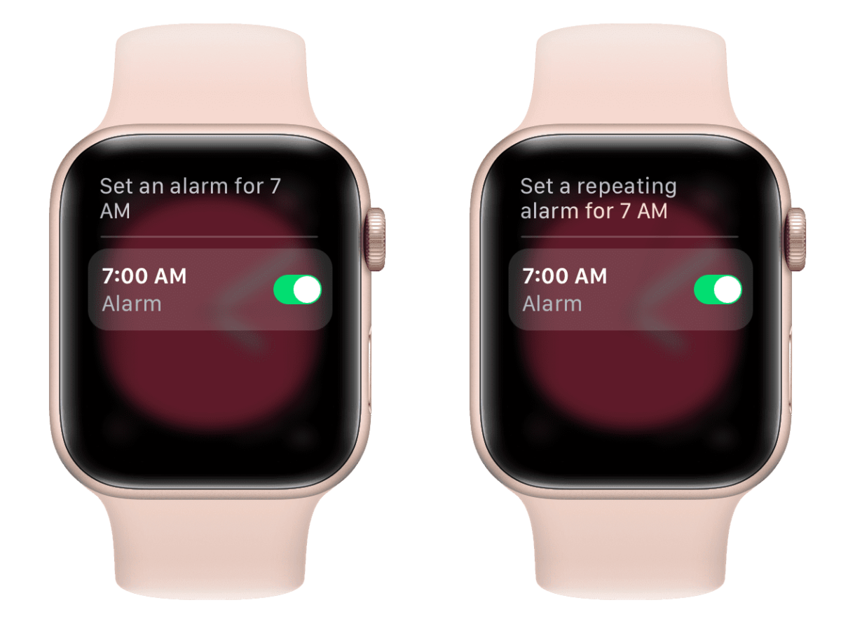 Siri setting an alarm on Apple Watch screen