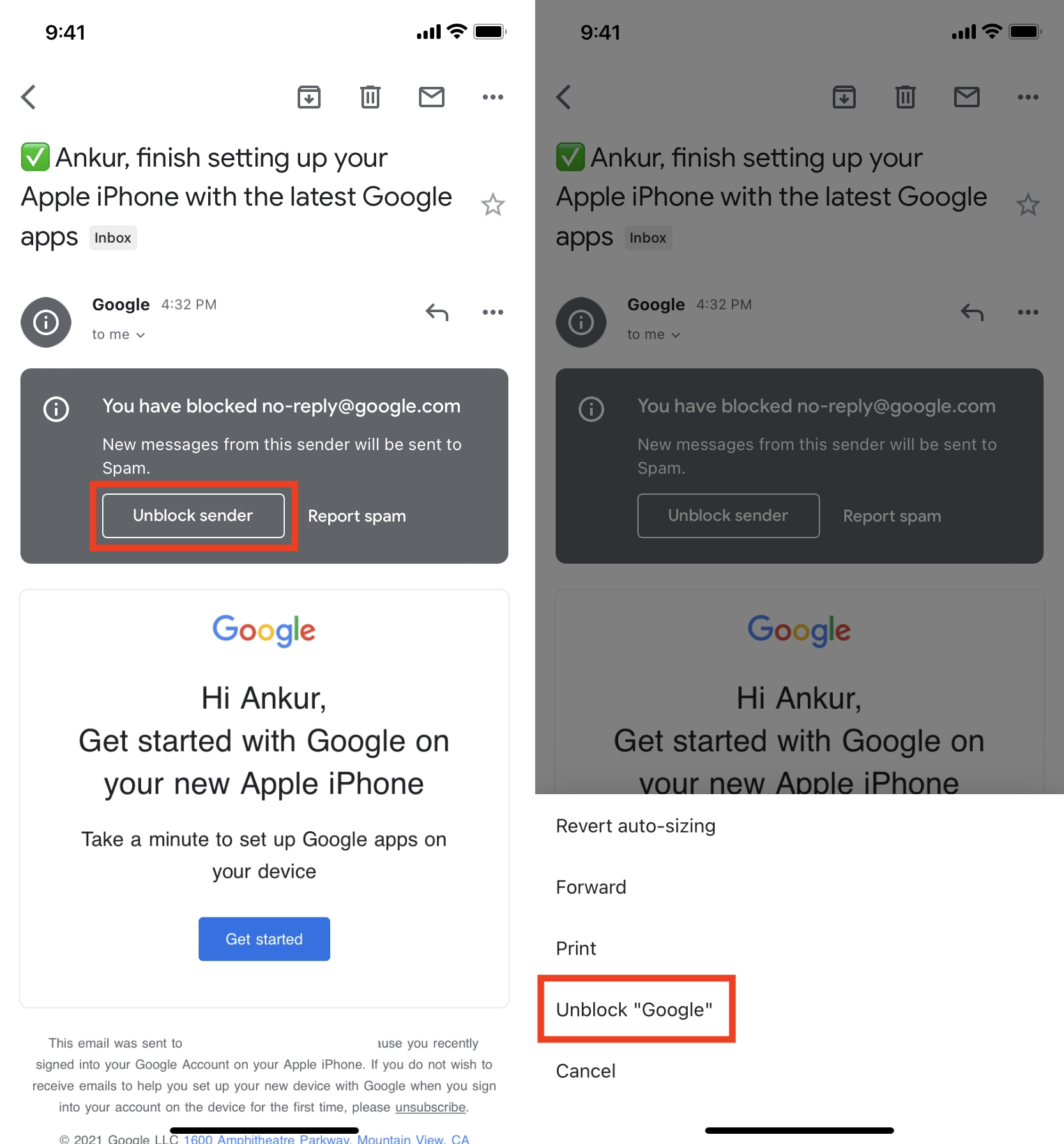 Gmail app on a smartphone showing the unblock sender prompt