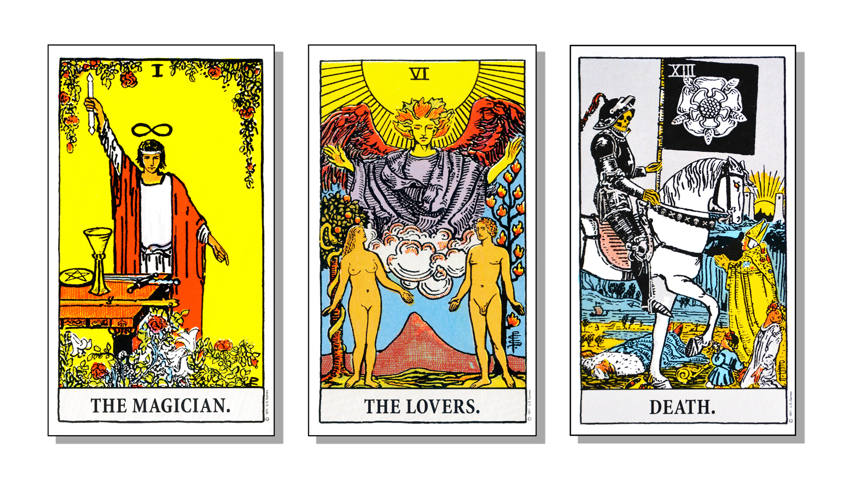 three different tarot cards
