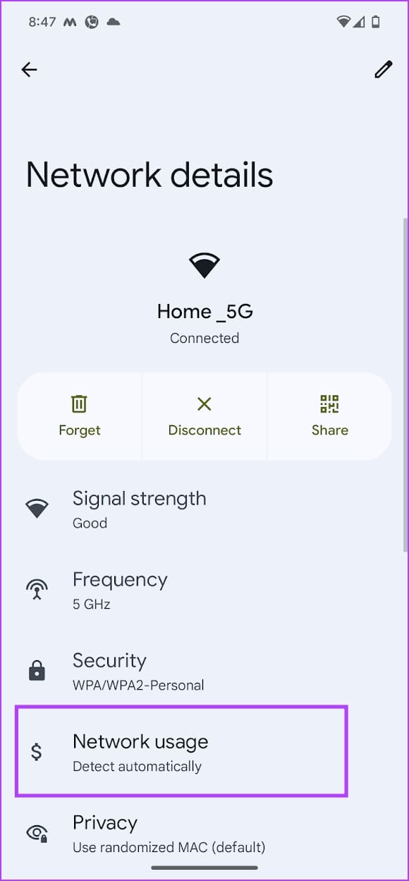 Tapping on Netwrok Usage feature