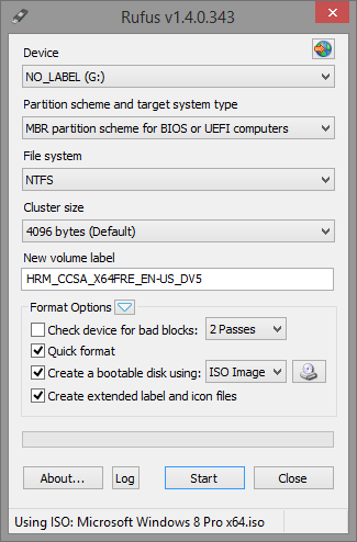 Rufus interface showing a Windows XP ISO selected for USB creation